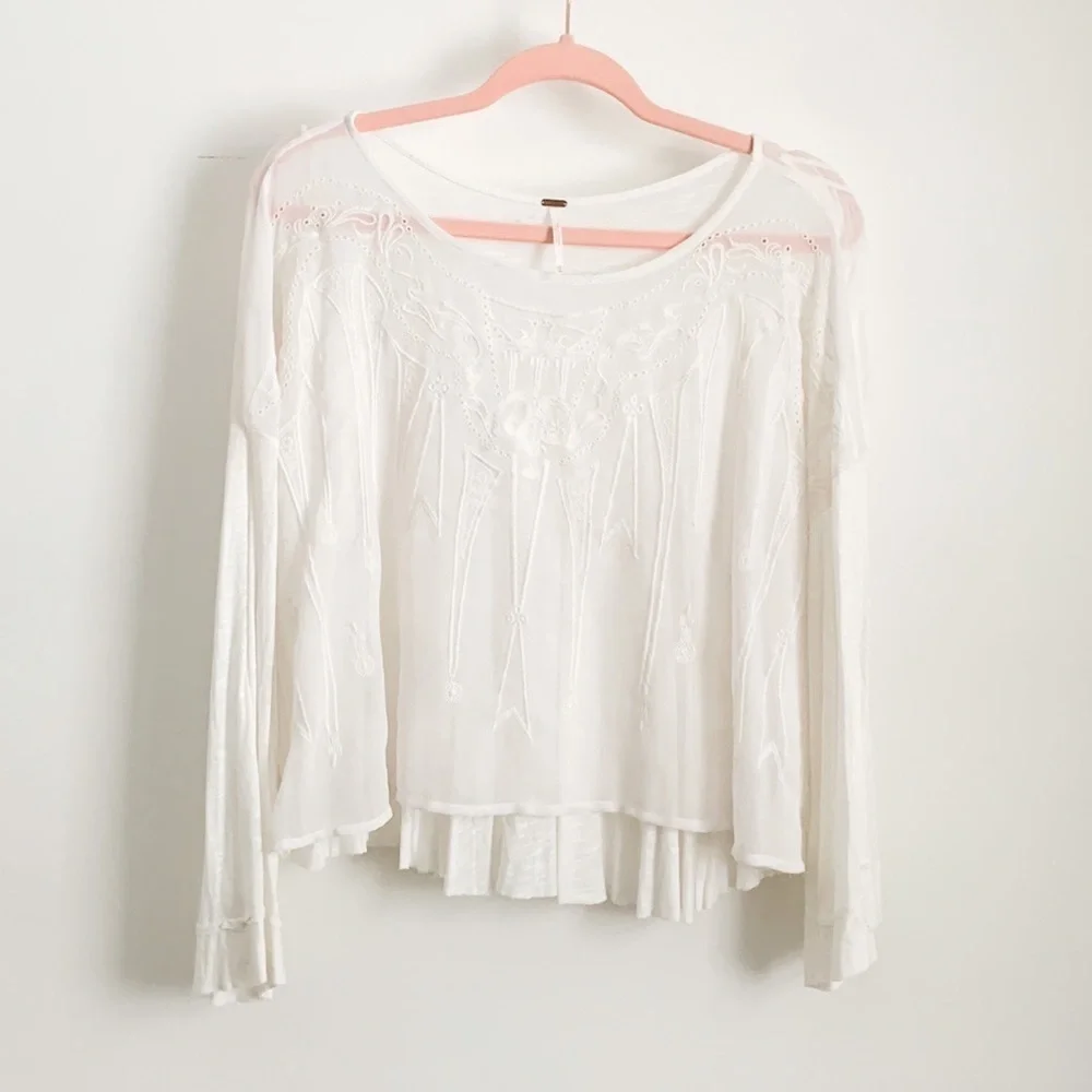 Free People White Embroidered Flowy Top